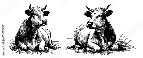Farm animals and nature in rustic countryside – black vector drawing