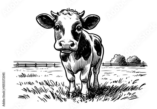 Farm animals and nature in rustic countryside – black vector drawing