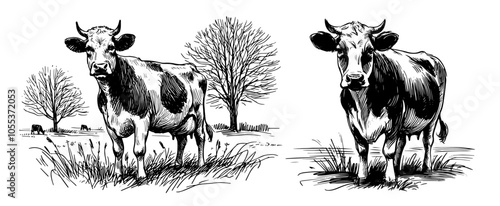 Farm animals and nature in rustic countryside – black vector drawing