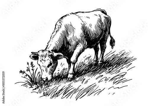 Farm animals and nature in rustic countryside – black vector drawing