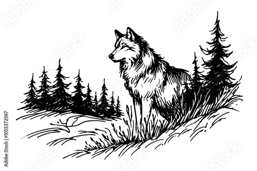 majestic wolf illustration in nature in black vector