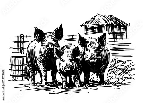 Two piglets sketch in detailed country farm setting – black vector