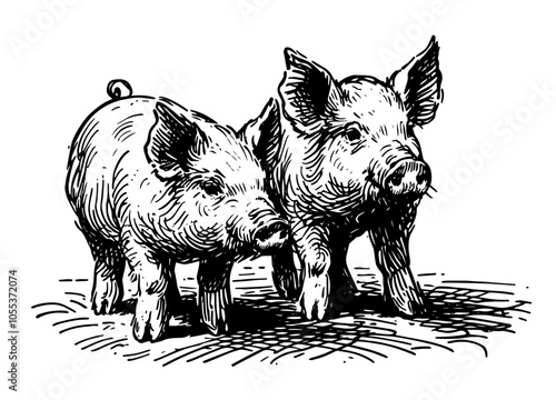 Adorable piglets illustration in rustic style – black vector