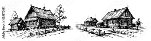 Country houses and fences in rural landscape – black vector artwork