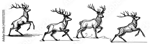 Dynamic running deer in motion – black vector illustration
