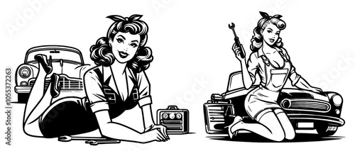 Classic pin-up automotive mechanics illustration – black vector