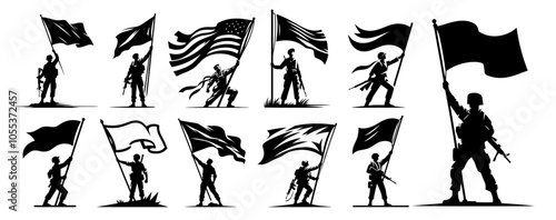 dynamic representation of a soldier with a flag, capturing strength and bravery in a sleek logo design black vector