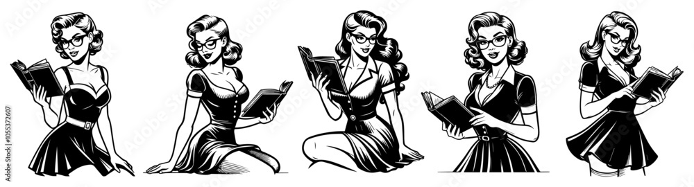 retro pin-up girl as a teacher with a book, seductive pose in black vector art retro pin-up girl as a teacher with a book, seductive pose in black vector art