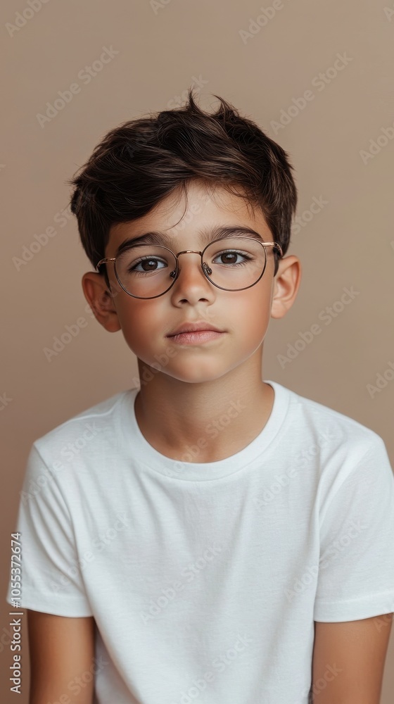 A teenage boy models sleek metal eyeglasses, showcasing a modern fashion statement A teenage boy models sleek metal eyeglasses, showcasing a modern fashion statement
