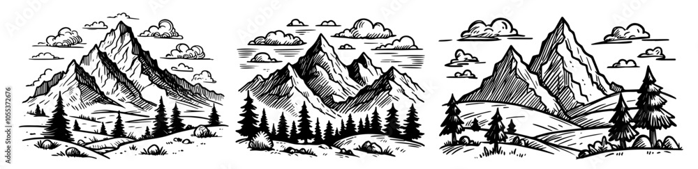 hand-drawn mountain scenes with forests and skies, detailed black vector set hand-drawn mountain scenes with forests and skies, detailed black vector set