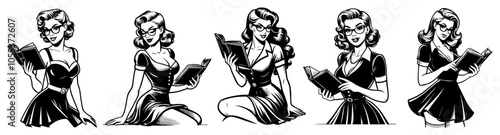 retro pin-up girl as a teacher with a book, seductive pose in black vector art