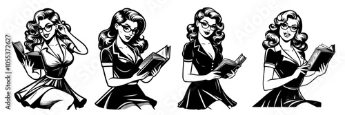 sexy pin-up style teacher holding a book in classic vintage attire, black vector