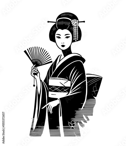 sophisticated logo featuring a modern geisha silhouette, ideal for cultural events and beauty brands black vector
