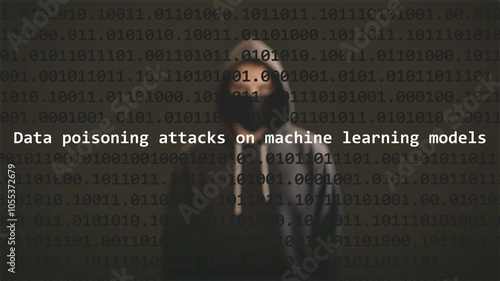 Data poisoning attacks on machine learning models text in foreground screen, anonymous hacker hidden with hoodie in the blurred background, cyber attack.