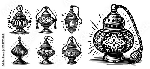 vintage-style lantern collection with intricate details, black vector art