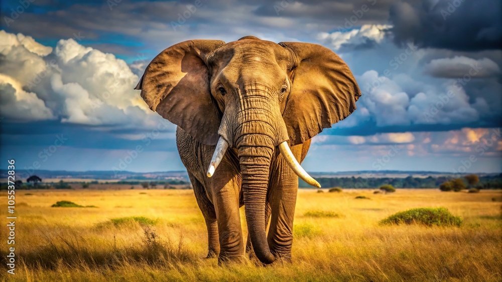 Fototapeta premium A majestic elephant bull with its tusks standing alone on the African plain, big cat species, wild animals, african wildlife, animal observation