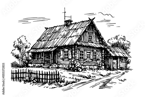 vintage farmhouse in countryside illustration set – black vector