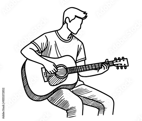 man playing guitar in minimalist line art - black vector