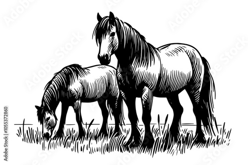 detailed black vector horses grazing in field illustration