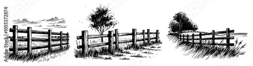 rustic wooden fence in countryside illustration, black vector set