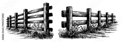 farm style wooden fence line art, vintage black vector collection