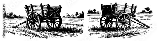 Rustic farm wagon with hay – detailed black vector