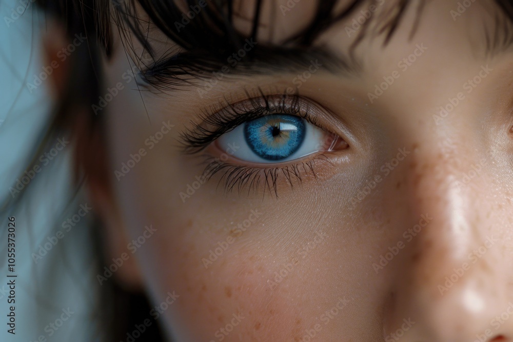 A detailed view of a female's bright blue eyes, ideal for depicting intimacy or conveying emotions A detailed view of a female's bright blue eyes, ideal for depicting intimacy or conveying emotions