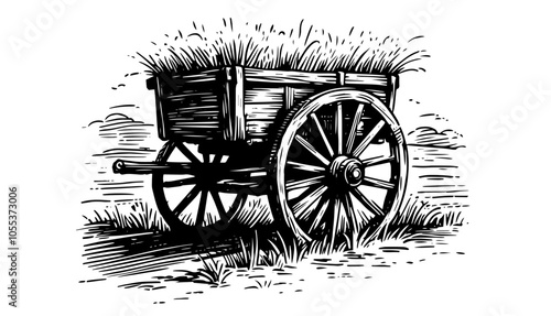 Vintage wooden hay cart on rural path – black vector illustration