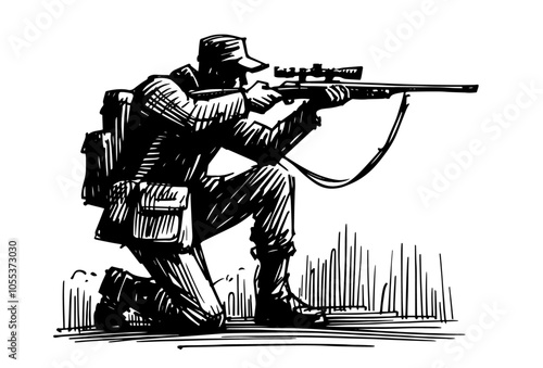 hunter aiming rifle in outdoor setting, detailed black vector illustration