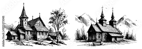 old countryside church building with bell tower, black vector art