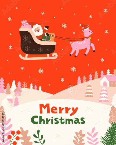 Santa Claus sitting on a Christmas sleigh with a reindeer in the snowfield in the winter