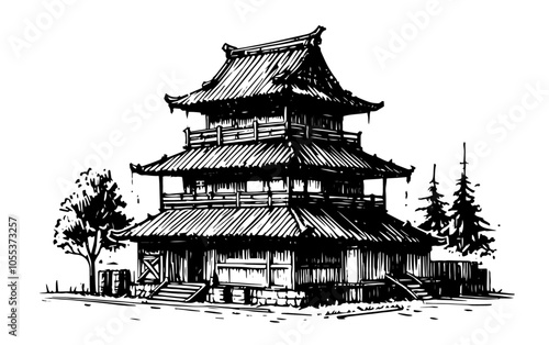 japanese pagoda temple with trees black vector style