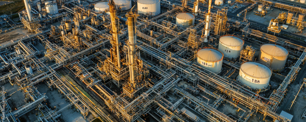 Aerial view of sprawling oil refinery showcasing intricate pipelines and storage tanks, highlighting complexity of industrial operations and energy production Aerial view of sprawling oil refinery showcasing intricate pipelines and storage tanks, highlighting complexity of industrial operations and energy production