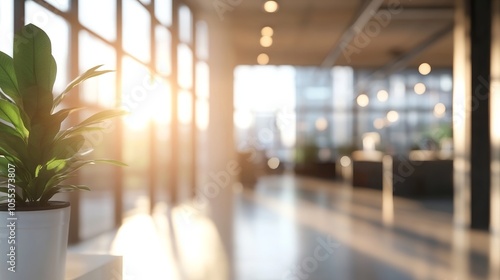 Blurred background of modern office interior with large panoramic windows, natural light, and minimalistic design elements