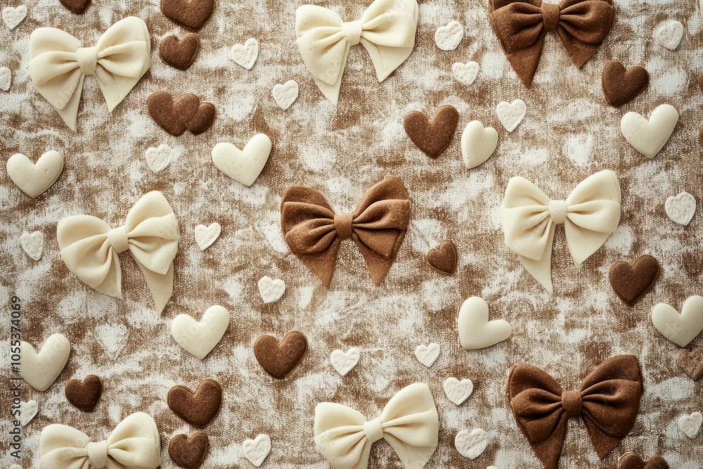 A pattern of brown and soft white bows and hearts on a biege and 3D background. A pattern of brown and soft white bows and hearts on a biege and 3D background.