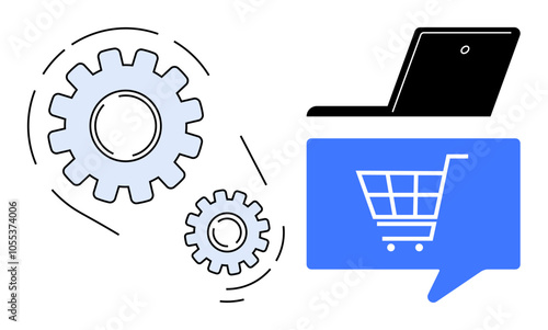 Gears and a laptop with a shopping cart icon in a speech bubble. Ideal for online shopping, e-commerce, digital marketing, web development, technology integration, business automation, technical