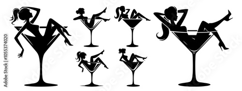 playful illustration of a girl lounging in a margarita glass, perfect for cocktail-themed branding and designs black vector
