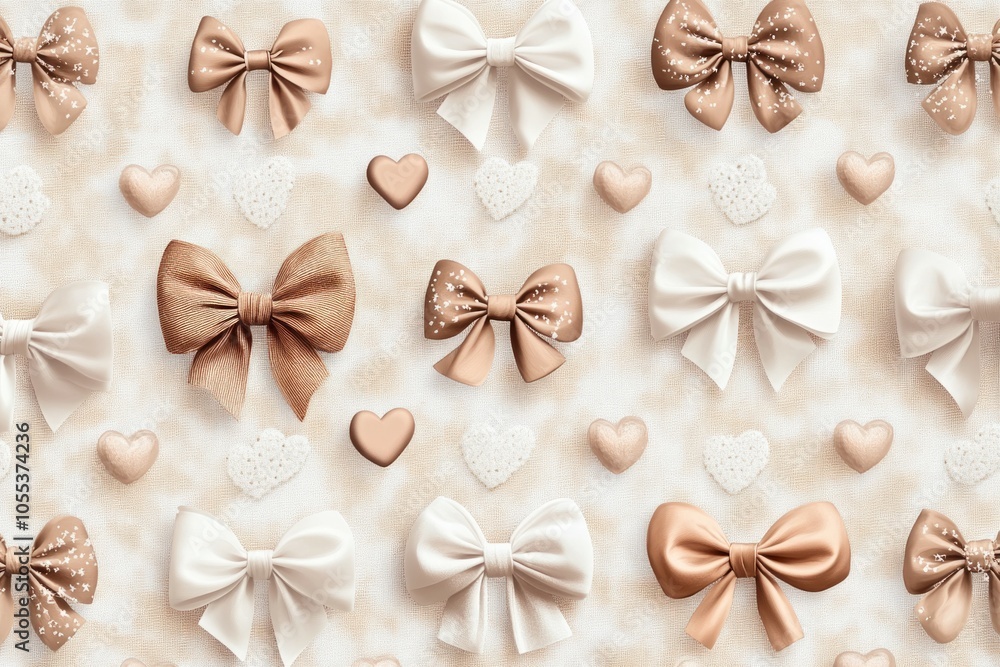 A pattern of brown and soft white bows and hearts on a biege and 3D background. A pattern of brown and soft white bows and hearts on a biege and 3D background.