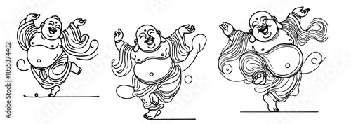 Laughing Buddha illustrations in various poses – black vector collection