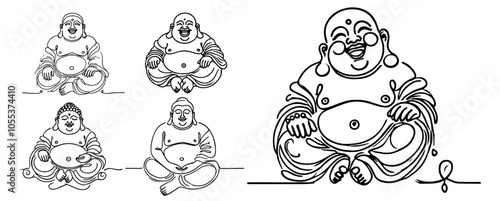Laughing Buddha illustrations in various poses – black vector collection