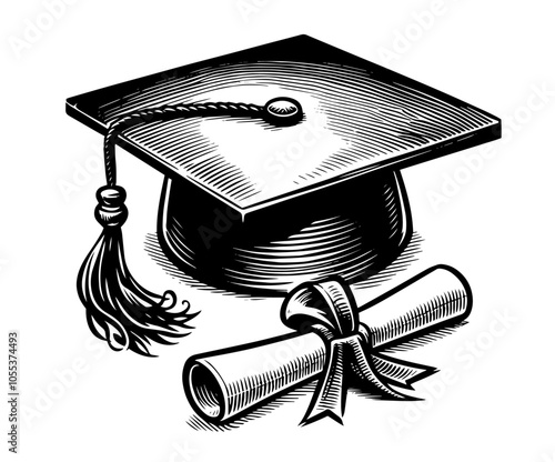 creative hand-drawn representation of a graduation cap alongside a diploma, celebrating educational accomplishments black vector