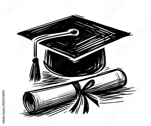 creative hand-drawn representation of a graduation cap alongside a diploma, celebrating educational accomplishments black vector