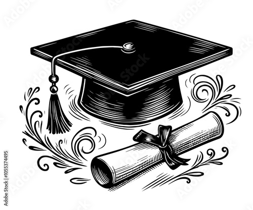 creative hand-drawn representation of a graduation cap alongside a diploma, celebrating educational accomplishments black vector