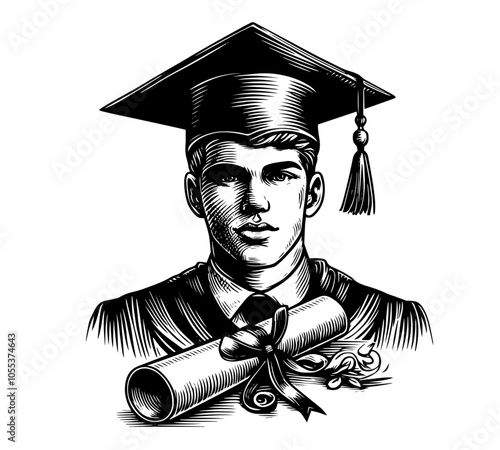 hand-drawn graduate illustration in traditional cap and gown, black vector