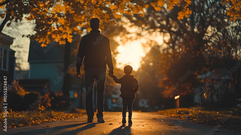 Silhouette of a father and son walking hand in hand at sunset. Silhouette of a father and son walking hand in hand at sunset.