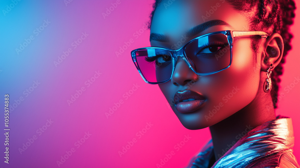 Stylish Woman With Glasses In Neon Pink And Blue Lighting Stylish Woman With Glasses In Neon Pink And Blue Lighting