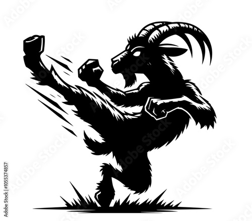 action-packed goat characters in fighting stance, black vector