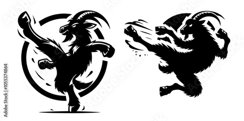 cartoon goats practicing martial arts kicks, black vector illustration
