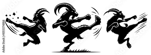 playful goat characters in kicking action, black vector illustration