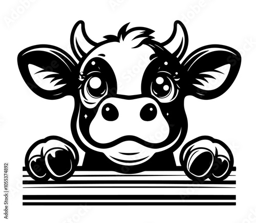 adorable cartoon cow heads with playful expressions, black vector set